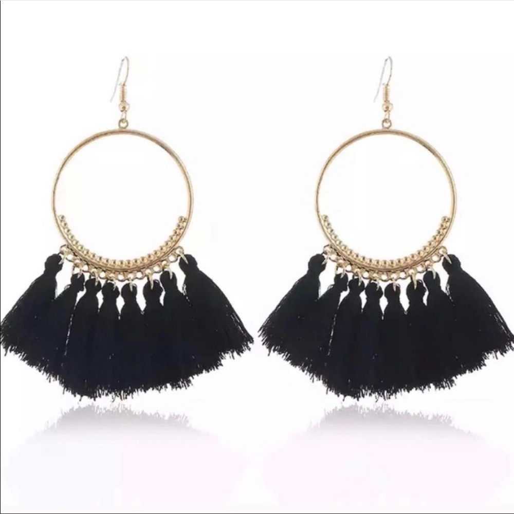 🌸3/$25 🆕 Boho Festival Gold Hoop Black Tassel Fringe Dangle Earrings